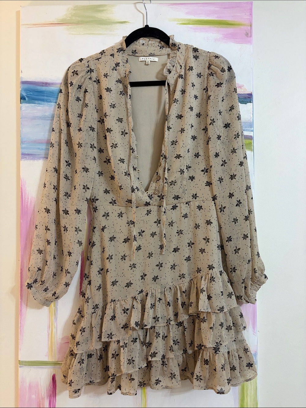 BaeVely Cream Mini Dress with Black Floral Print